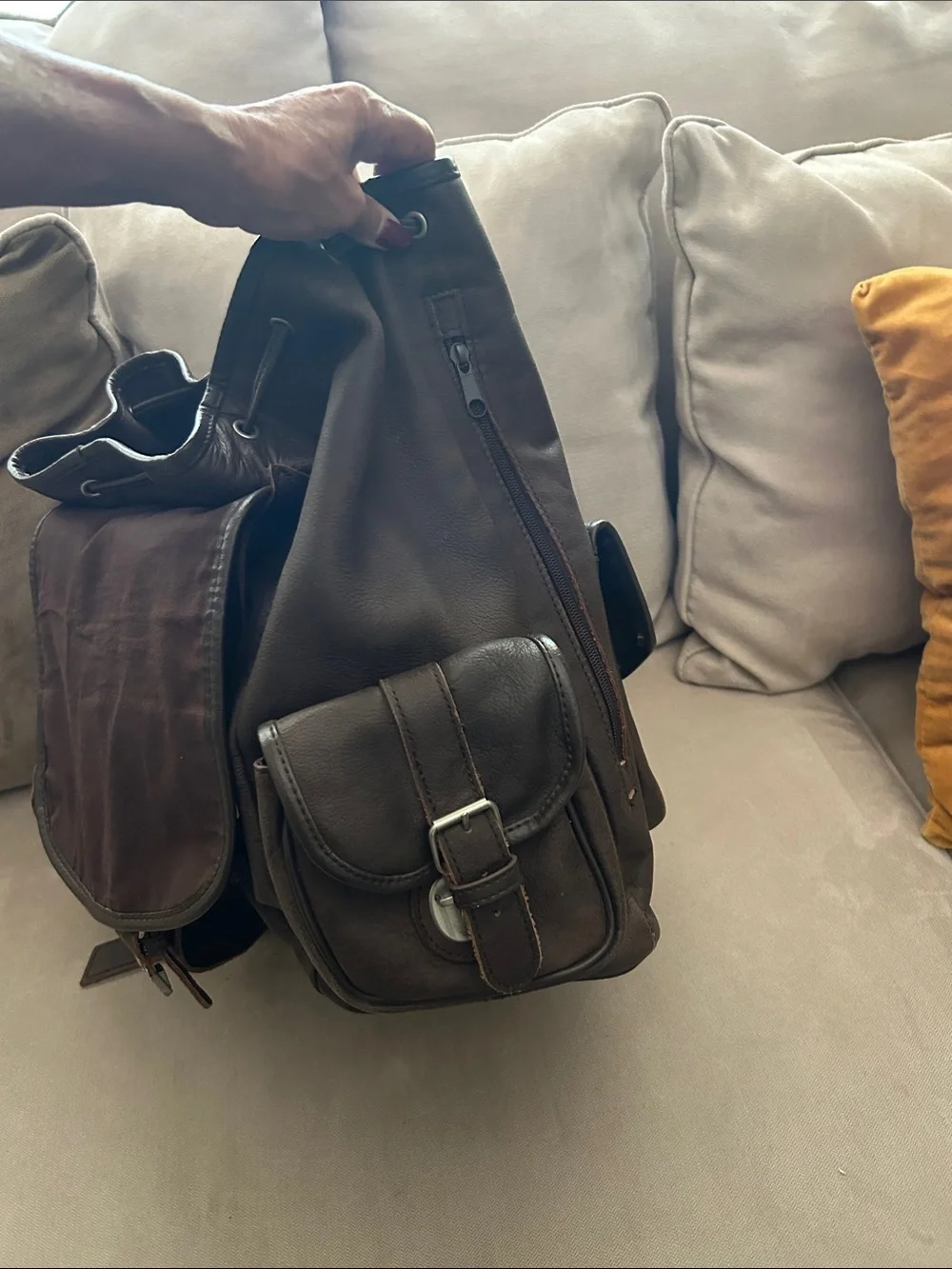 Brown Leather Men/women Backpack - Classic Drawstring Rucksack